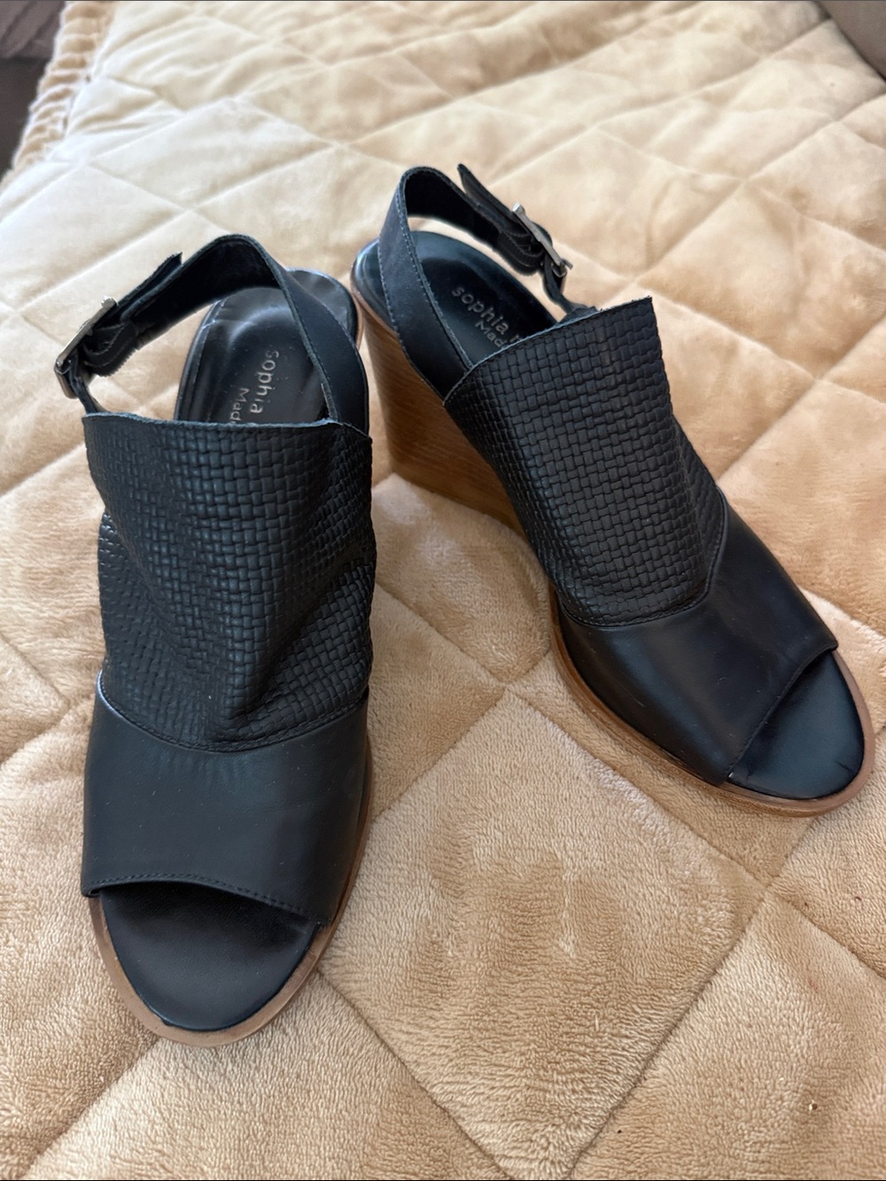 Sophia Milano Webster Black Leather Woven Peep-Toe Wedge Sandals. Made in Italy